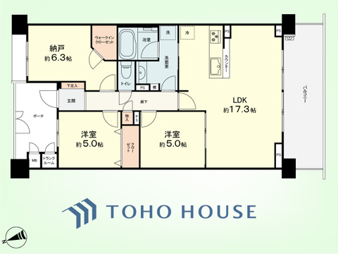 2SLDK+TR　専有面積75.36平米、バルコニー面積13.4平米