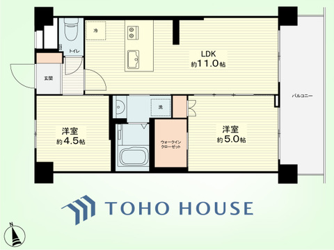 2LDK　専有面積44.25平米、バルコニー面積7.95平米
