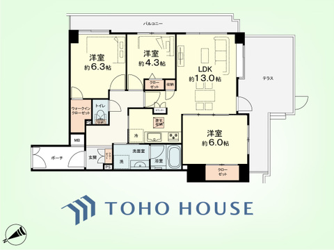 3LDK　専有面積68.81平米、バルコニー面積9.3平米、テラス面積16.4平米