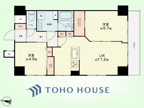 2LDK　専有面積51.41平米、バルコニー面積5.4平米