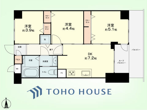 3DK　専有面積47.85平米、バルコニー面積9.90平米