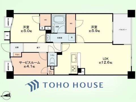 2SLDK　専有面積60.71平米、バルコニー面積5.07平米