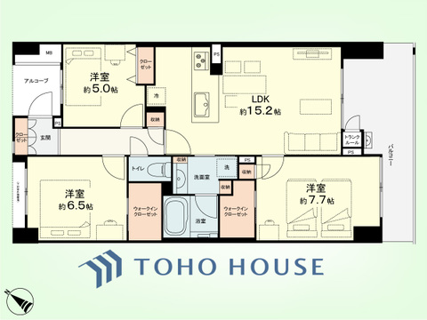 3LDK+TR　専有面積77.18平米、バルコニー面積12.15平米