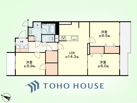 3LDK　専有面積77.46平米、バルコニー面積12.18平米