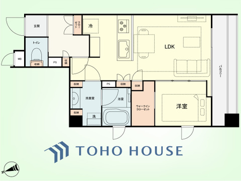1LDK　専有面積40.66平米、バルコニー面積8.84平米
