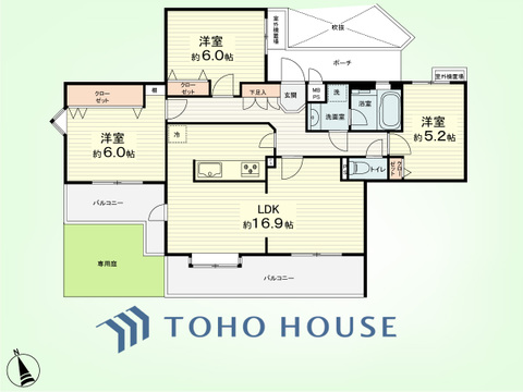 3LDK　専有面積80.5平米、バルコニー面積16.22平米、専用庭面積8.82平米