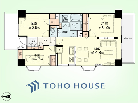 3LDK+LIN　専有面積70.2平米、バルコニー面積8.4平米
