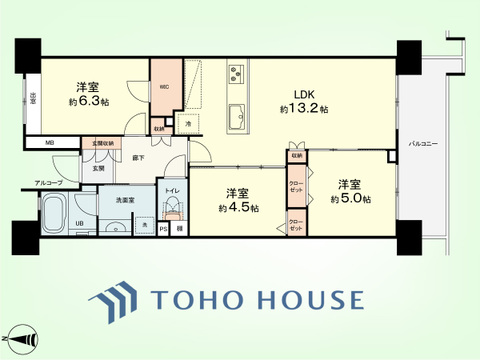 3LDK　専有面積64.62平米、バルコニー面積9.33平米