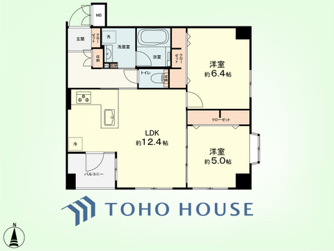 2LDK　専有面積55.57平米、バルコニー面積3.36平米