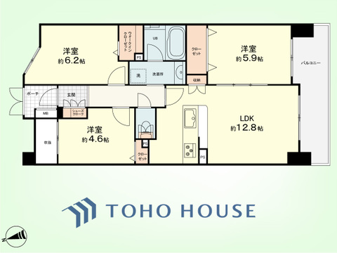 3LDK　専有面積63.95平米、バルコニー面積8.56平米