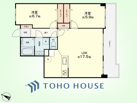 2LDK　専有面積65.59平米、バルコニー面積10.02平米