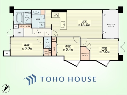 3LDK　専有面積73.60平米、オープンエアスペース面積6.65平米