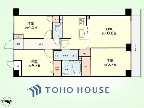 3LDK　専有面積57.75平米、バルコニー面積4.95平米