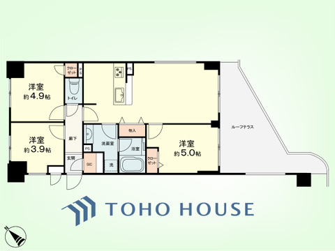 3LDK　専有面積56.37平米、ルーフテラス面積14.76平米