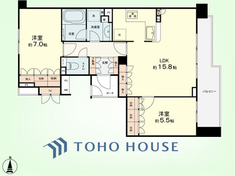 2LDK　専有面積67.18平米、バルコニー面積9.74平米