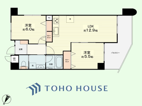 2LDK　専有面積56.75平米、バルコニー面積9.76平米