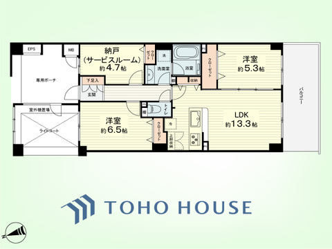 2SLDK　専有面積67.83平米、バルコニー面積12平米