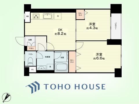 2DK　専有面積42.89平米、バルコニー面積2.70平米