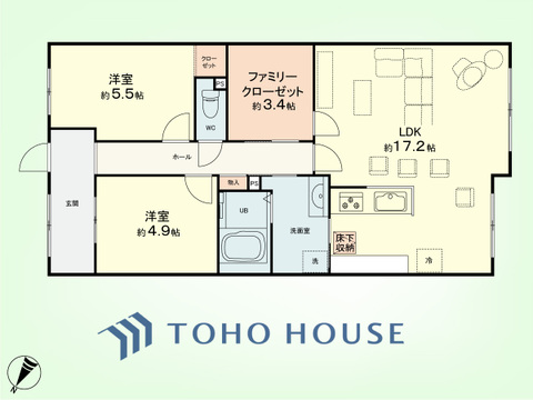 2SLDK　専有面積71.17平米、バルコニー面積12.39平米、専用庭面積12.87平米