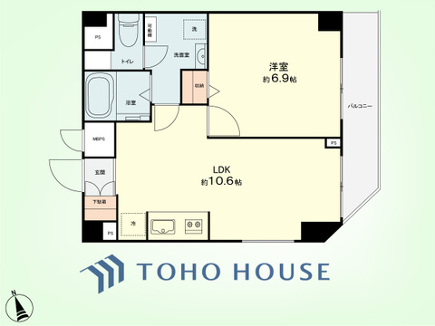 1LDK　専有面積40.72平米、バルコニー面積5.1平米