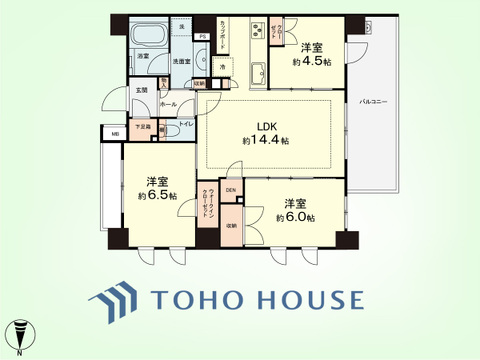 3LDK+DEN　専有面積70.16平米、バルコニー面積12.4平米