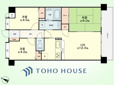 3LDK　専有面積59.16平米、バルコニー面積7.77平米