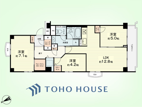 3LDK　専有面積68.8平米、バルコニー面積5.51平米