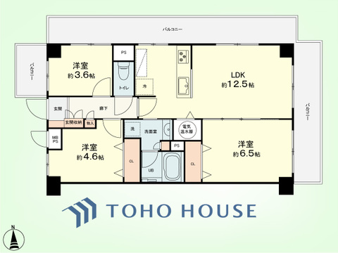 3LDK　専有面積59.45平米、バルコニー面積19.26平米