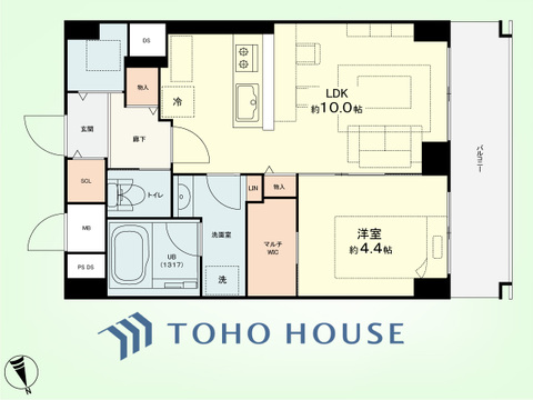 1LDK+LIN　専有面積38.56平米、バルコニー面積6.39平米