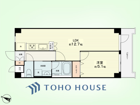 1LDK　専有面積40.68平米、バルコニー面積4.71平米