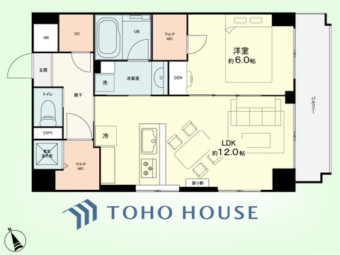 1LDK　専有面積47.47平米、バルコニー面積6.39平米