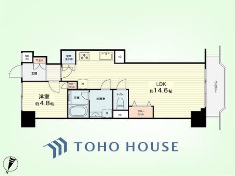 1LDK　専有面積46.74平米、バルコニー面積4.84平米
