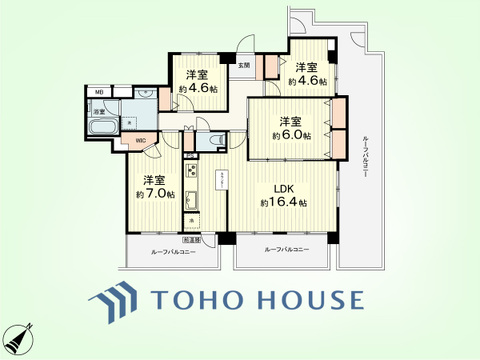 4LDK　専有面積87.34平米、バルコニー面積20.27平米