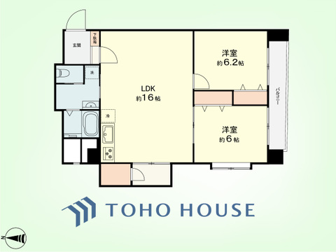 2LDK+物入　専有面積61.56平米、バルコニー面積7.64平米