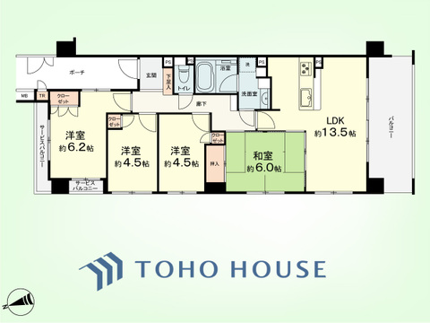 4LDK+TR　専有面積77.5平米、バルコニー面積12平米