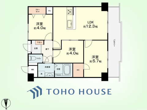 3LDK　専有面積57.87平米、バルコニー面積9.27平米