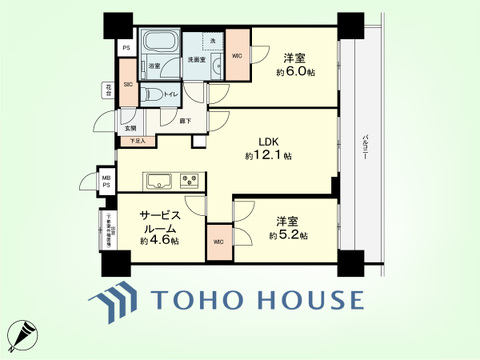 2SLDK　専有面積62.34平米、バルコニー面積12.22平米