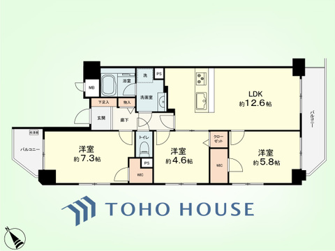 3LDK　専有面積67.13平米、バルコニー面積9.13平米