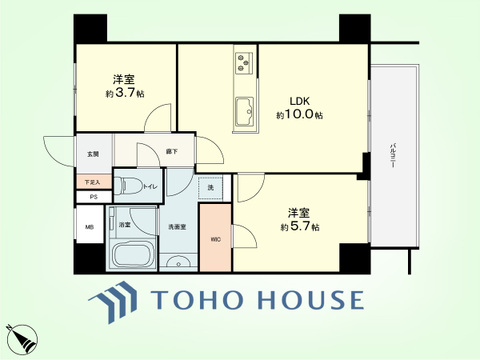 2LDK　専有面積45.22平米、バルコニー面積5.64平米