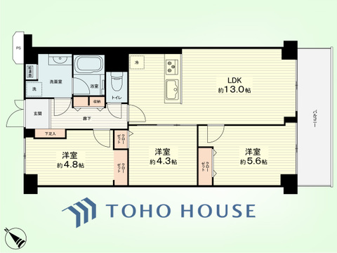 3LDK　専有面積61.6平米、バルコニー面積7.84平米