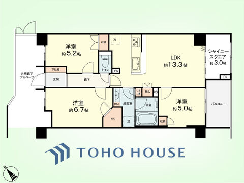 3LDK+シャイニースクエア、リネン庫　専有面積70.62平米、バルコニー面積5.12平米