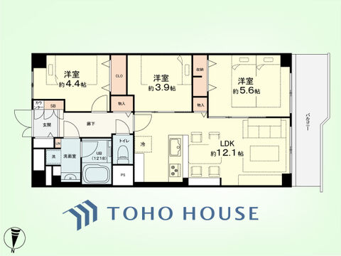 3LDK+LIN　専有面積61.6平米、バルコニー面積7.6平米