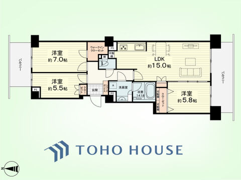 3LDK　専有面積76.16平米、バルコニー面積17.56平米