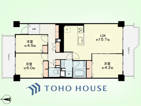 3LDK　専有面積76.80平米、バルコニー面積16.64平米