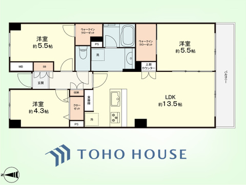 3LDK　専有面積64.25平米、バルコニー面積8.55平米