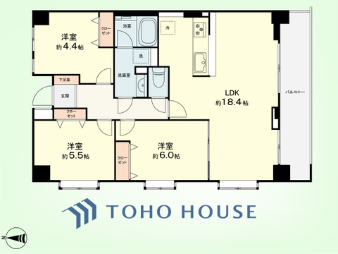 3LDK　専有面積74.48平米、バルコニー面積10.08平米
