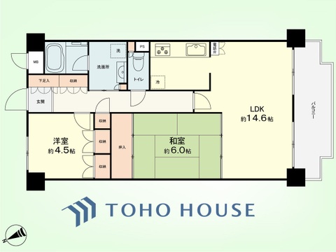 2LDK　専有面積61.04平米、バルコニー面積7.85平米、専用庭面積13.44平米