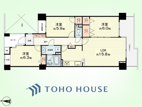 3LDK　専有面積77.04平米、バルコニー面積9.01平米