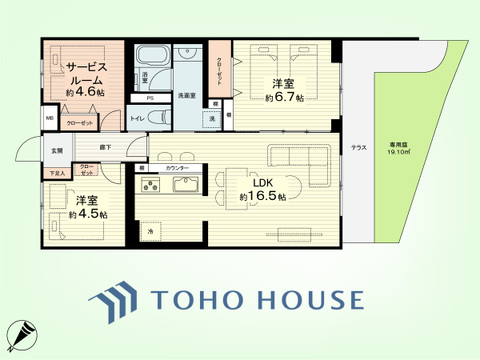2SLDK　専有面積70.00平米、バルコニー面積9.39平米、専有庭面積19.10平米