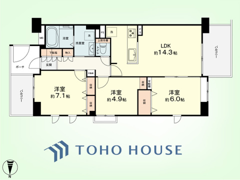 3LDK　専有面積75.10平米、バルコニー面積12.34平米